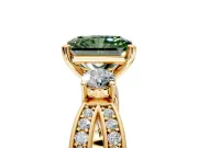 3 Stone Engagement Ring Setting for Fancy Green Radiant Cut Center with Pave Twist Band and Prong Head in Yellow Gold