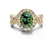 Halo Engagement Ring Setting for Fancy Green Oval Center with Pave Infinity Twist Band and Prong Head in Yellow Gold