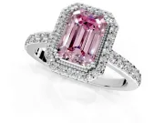 Halo Engagement Ring Setting for Fancy Pink Emerald Cut Center with Inner Milgrain Border and Prong Head in Sterling Silver
