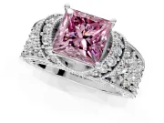 Pave Engagement Ring Setting for Fancy Pink Princess Cut Center with Curved Accent Rows, Openwork and Prong Head in White Gold