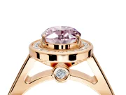 Halo Engagement Ring Setting for Fancy Pink Oval Center with Outer Bezel Rim, Pave Band and Prong Head in Rose Gold