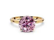 Hidden Halo Engagement Ring Setting for Fancy Pink Round Cut Center with Thin Round-Wire Band and Prong Head in Yellow Gold