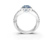 Halo Engagement Ring Setting for Fancy Blue Princess Cut Center with Wide-Open Pave Split Shank and Prong Head in Platinum