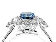 Halo Engagement Ring Setting for Fancy Blue Emerald Cut Center with Two-Strand Split Shank and Prong Head in Sterling Silver