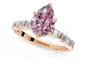 Baguette Engagement Ring Setting for Fancy Pink Pear-Shaped Center with Alternating Bar-Set Band and Prong Head in Rose Gold