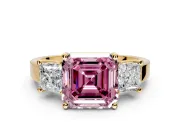 3 Stone Engagement Ring Setting for Fancy Pink Asscher Cut Center with Matching Side Accents and Prong Head in Yellow Gold