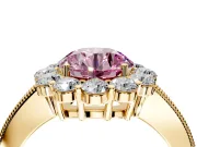 Halo Engagement Ring Setting for Fancy Pink Round Cut Center with Milgrain Channel Band and Prong Head in Yellow Gold