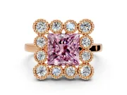 Cluster Halo Engagement Ring Setting for Fancy Pink Princess Cut Center with Milgrain Bezel Accents and Prong Head in Rose Gold