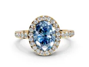 Halo Engagement Ring Setting for Fancy Blue Oval Center with Heart-Shaped Openwork, Pave Band and Prong Head in Yellow Gold
