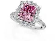 Halo Engagement Ring Setting for Fancy Pink Radiant Cut Center with Single-Row Pave, Open Basket and Prong Head in White Gold