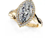 Halo Engagement Ring Setting for Marquise Center with Twist Band and Prong Head in Yellow Gold