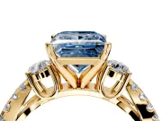 3 Stone Engagement Ring Setting for Fancy Blue Princess Cut Center with Pave Split Shank and Prong Head in Yellow Gold