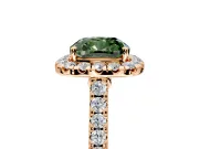 Halo Engagement Ring Setting for Fancy Green Cushion Cut Center with Narrowing Pave Band and Prong Head in Rose Gold