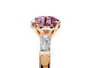 3 Stone Engagement Ring Setting for Fancy Pink Round Cut Center with Tapered Baguettes, Plain Band and Prong Head in Rose Gold