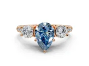 3 Stone Engagement Ring Setting for Fancy Blue Pear-Shaped Center with Crossover Basket, Pave Band and Prong Head in Rose Gold