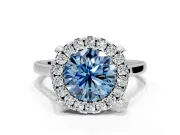 Single Halo Engagement Ring Setting for Fancy Blue Round Cut Center with Corner Claws, Plain Band and Prong Head in White Gold