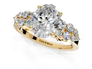 Cluster Engagement Ring Setting for Oval Center with 2-Row Shoulder Clusters and Prong Head in Yellow Gold