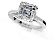 Solitaire Engagement Ring Setting for Asscher Cut Center with Flat-Sided Plain Band and Prong Head in White Gold