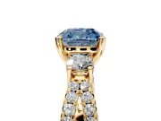 3 Stone Engagement Ring Setting for Fancy Blue Cushion Cut Center with Pave Split Shank and Prong Head in Yellow Gold