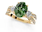 3 Stone Engagement Ring Setting for Fancy Green Oval Center with Pave Twist Band and Prong Head in Yellow Gold
