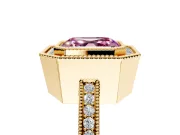 Halo Engagement Ring Setting for Fancy Pink Asscher Cut Center with Milgrain Halo, Pave Band and Prong Head in Yellow Gold