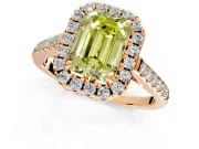 Halo Engagement Ring Setting for Fancy Yellow Emerald Cut Center with Raised Halo, Pave Band and Prong Head in Rose Gold