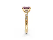 Solitaire Engagement Ring Setting for Fancy Pink Emerald Cut Center with Trailing Leaf Accent Band and Prong Head in Yellow Gold