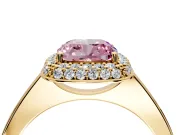 Halo Engagement Ring Setting for Fancy Pink Cushion Cut Center with Plain Tapered Band and Prong Head in Yellow Gold