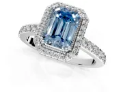 Halo Engagement Ring Setting for Fancy Blue Emerald Cut Center with Inner Milgrain Border and Prong Head in Sterling Silver