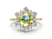 Small-Accent Cluster Halo Engagement Ring Setting for Fancy Yellow Round Cut Center with Plain Band and Prong Head in Yellow Gold