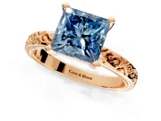 Solitaire Engagement Ring Setting for Fancy Blue Princess Cut Center with Scrollwork Band and Prong Head in Rose Gold