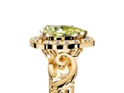 Halo Engagement Ring Setting for Fancy Yellow Pear-Shaped Center with Open Scroll Shoulders and Prong Head in Yellow Gold