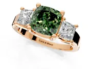 3 Stone Engagement Ring Setting for Fancy Green Cushion Cut Center with Matching Side Accents and Prong Head in Rose Gold