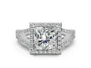 Halo Engagement Ring Setting for Princess Cut Center with Pave Split Shank and Prong Head in Platinum