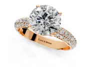 Solitaire Engagement Ring Setting for Round Cut Center with Domed Multi-Row Pave Band and Prong Head in Rose Gold