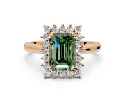 Starburst Halo Engagement Ring Setting for Fancy Green Emerald Cut Center with Thin Round-Wire Band and Prong Head in Rose Gold