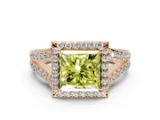 Halo Engagement Ring Setting for Fancy Yellow Princess Cut Center with Narrow Pave Split Shank and Prong Head in Rose Gold