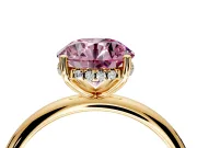 Hidden Halo Engagement Ring Setting for Fancy Pink Round Cut Center with Thin Round-Wire Band and Prong Head in Yellow Gold