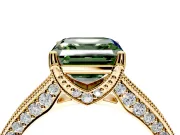 Solitaire Engagement Ring Setting for Fancy Green Asscher Cut Center with Milgrain-Framed Pave Band and Prong Head in Yellow Gold