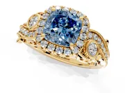 Milgrain Halo Engagement Ring Setting for Fancy Blue Cushion Cut Center with Shoulder Bezels and Prong Head in Yellow Gold