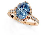 Halo Engagement Ring Setting for Fancy Blue Oval Center with Openwork Halo, Pave Band and Prong Head in Rose Gold