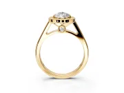 Halo Engagement Ring Setting for Pear-Shaped Center with Outer Bezel Rim, Pave Band and Prong Head in Yellow Gold