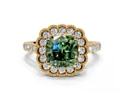 Milgrain Floral Halo Engagement Ring Setting for Fancy Green Cushion Cut Center with Pave Band and Prong Head in Yellow Gold