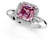 Halo Engagement Ring Setting for Fancy Pink Asscher Cut Center with Tapered Plain Band and Prong Head in White Gold