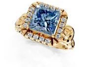 Halo Engagement Ring Setting for Fancy Blue Princess Cut Center with Open Scroll Shoulders and Prong Head in Yellow Gold