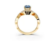 Halo Engagement Ring Setting for Fancy Blue Emerald Cut Center with Pave Infinity Twist Band and Prong Head in Yellow Gold