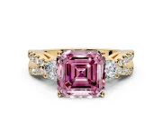 3 Stone Engagement Ring Setting for Fancy Pink Asscher Cut Center with Pave Split Shank and Prong Head in Yellow Gold