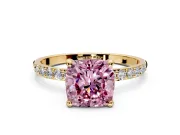 Solitaire Engagement Ring Setting for Fancy Pink Cushion Cut Center with Pave Accents and Prong Head in Yellow Gold
