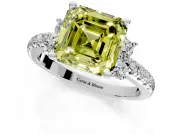 Paired Accent Engagement Ring Setting for Fancy Yellow Asscher Cut Center with Pave Band and Prong Head in Platinum