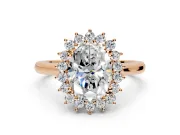 Starburst Halo Engagement Ring Setting for Oval Center with Thin Round-Wire Band and Prong Head in Rose Gold